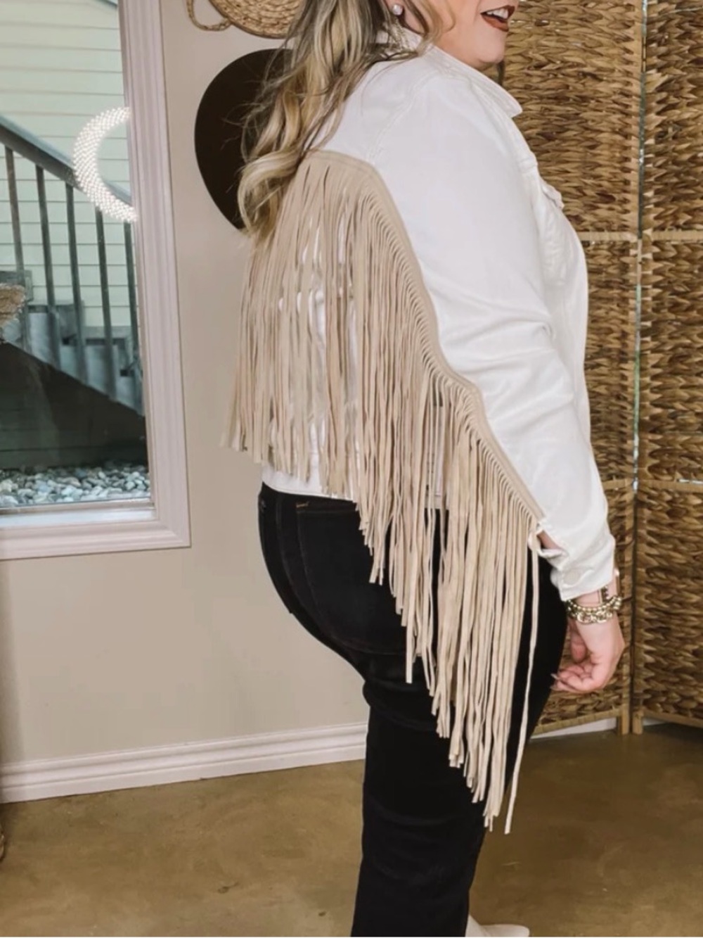 Judy Blue NWT White Fringe Denim Jacket Size Large Western Boho